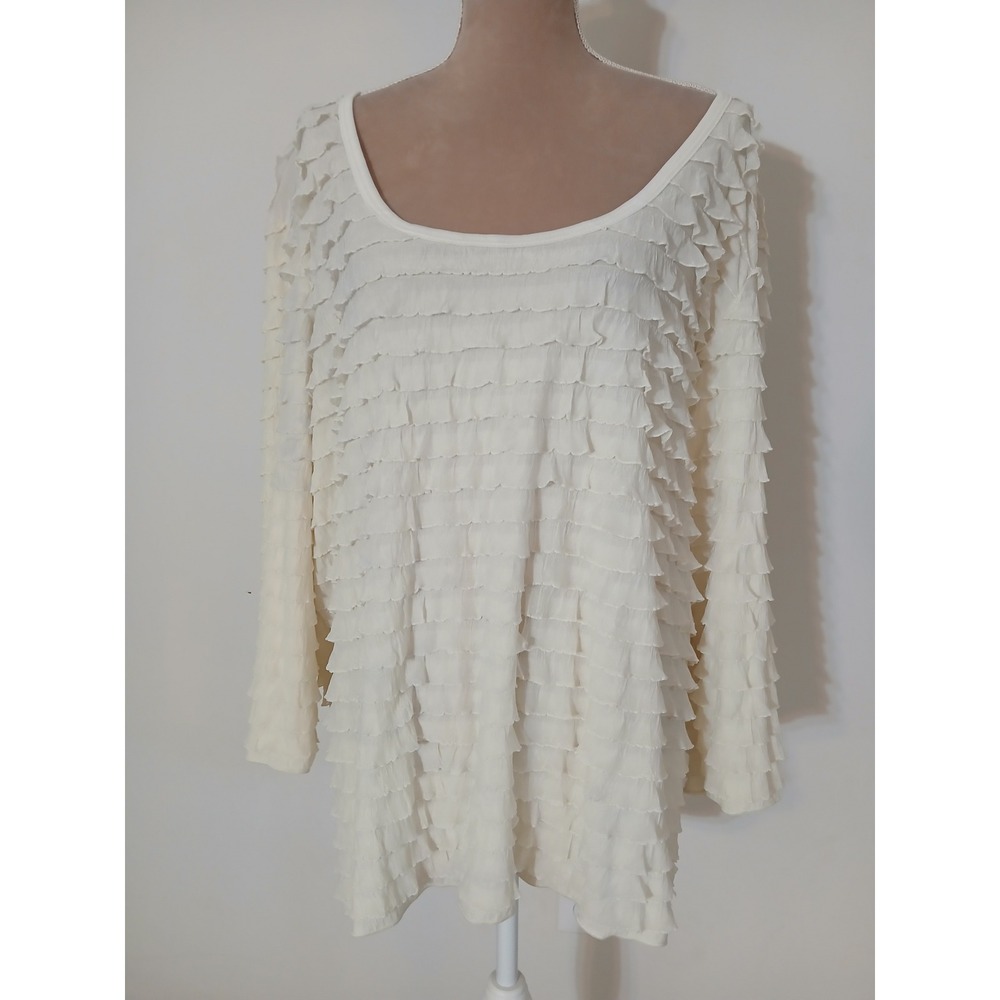 Slinky Brand Ivory Tiered Ruffle Long Sleeve Blouse Top 3X New Feminine